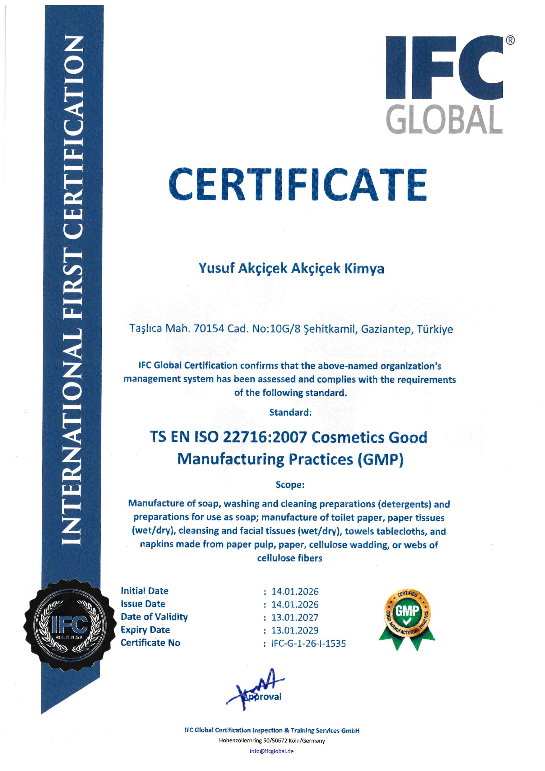 Yusuf Akçiçek Gmp Sertifikası
